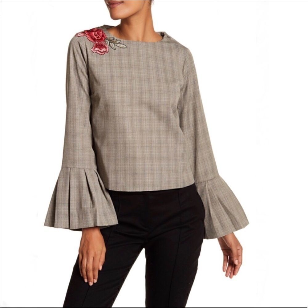 Harlowe & Graham Embroidered Top Tan Cream Floral Plaid, Size XS‎